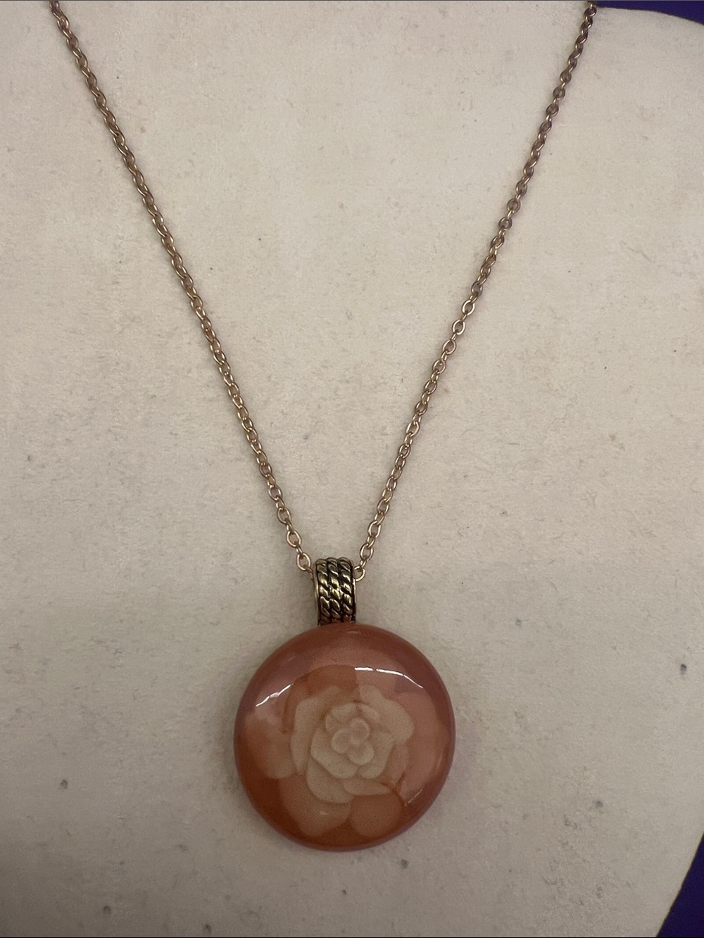 Peach Rose Carved Pendant Necklace - Gold Tone Chain